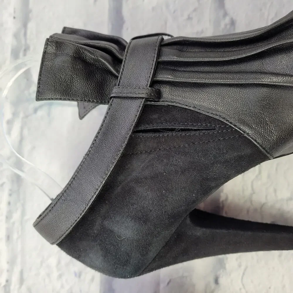 Jenni Kayne Black Suede & Leather Pleated Ankle Peep Toe Boots size 38